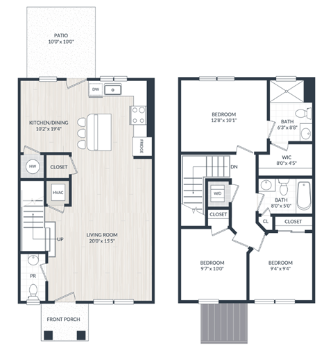 A floor plan of a two-story house with a living room, kitchen, dining area, and multiple bedrooms.