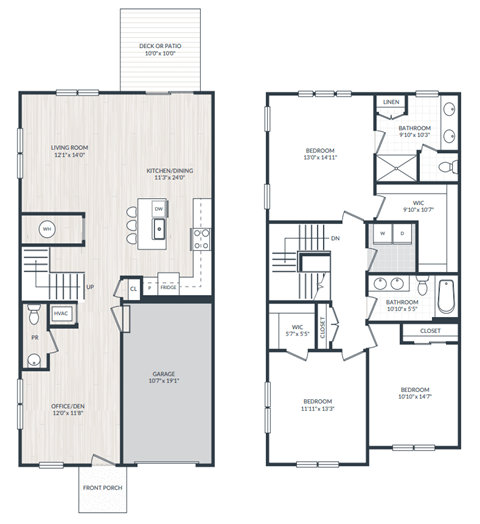 A floor plan of a house with two bedrooms, a living room, a kitchen, a bathroom, a closet, and an office.