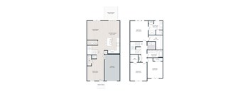 A floor plan of a house with a living room, kitchen, two bedrooms, and a garage.