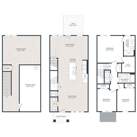 A floor plan of a house with three bedrooms, a living room, a kitchen, a dining room, a front porch, and a backyard.