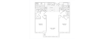 A floor plan of a house with two bedrooms, a living room, kitchen, bathroom, and a soaking tub.
