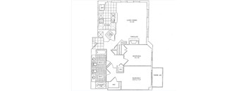 A floor plan of a house with two bedrooms, a living area, a kitchen, a fireplace, a bathroom, a washer and dryer, and a garage.