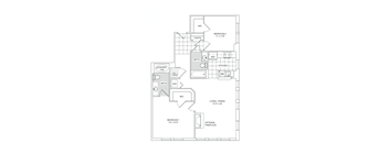 A floor plan of a home with two bedrooms, a living area, a kitchen, a bathroom, and a soaking tub.