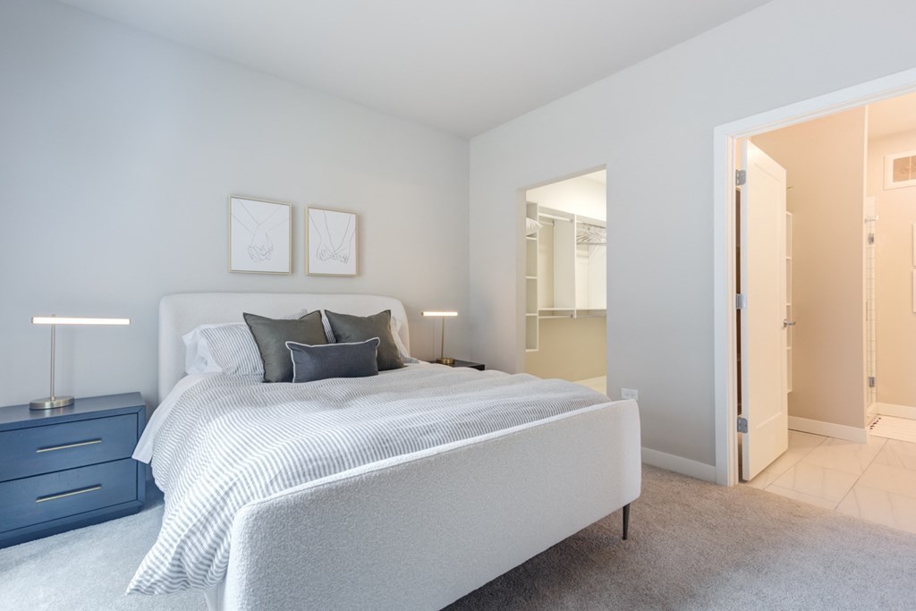 a bedroom with a bed and a closet