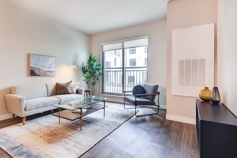 a living room with a couch and a chair and a window