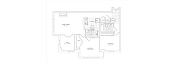 A floor plan of a house with a living room, dining room, kitchen, bathrooms, and two bedrooms.