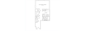 A floor plan of a small apartment with a living room, kitchen, bathroom, and coats storage.