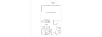 A floor plan of a small apartment with a living room, kitchen, bathroom and bedroom.
