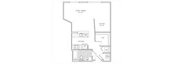 A floor plan of a small apartment with a living/dining area, kitchen, bathroom, and a workspace.