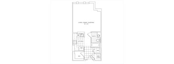 A floor plan of a small apartment with a living room, kitchen, bathroom, and a workspace.