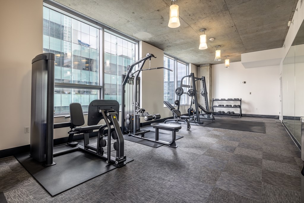 A gym with a variety of equipment including a treadmill, weights, and a bench press.