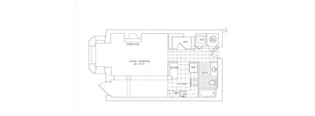A floor plan of a house with a living/sleeping area, kitchen, bath, and fireplace.