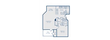 A floor plan of a house with a living room, dining room, kitchen, bathroom, and two bedrooms.