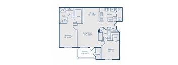 A blueprint of a house layout with a living room, two bedrooms, a bathroom, a kitchen, a dining room, a balcony, and storage.