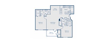 A blueprint of a house layout with a living room, dining room, kitchen, and two bedrooms.