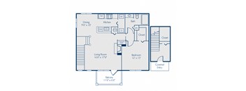 A floor plan of a small apartment with a living room, dining room, kitchen, bathroom, and two closets.
