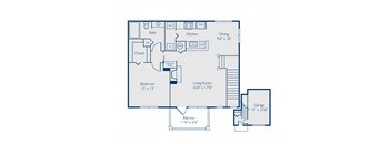 A floor plan of a house with a living room, dining room, kitchen, bedroom, bathroom, and balcony.