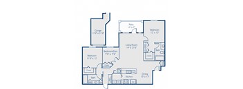 A blueprint of a house layout with labeled rooms and dimensions.