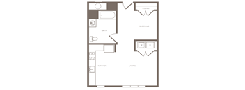 A floor plan of a small apartment with a sleeping area, a living area, and a kitchen.