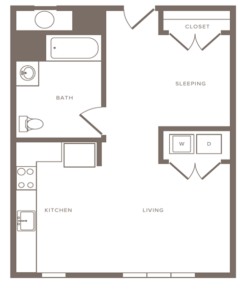 A floor plan of a small apartment with a sleeping area, a living area, and a kitchen.