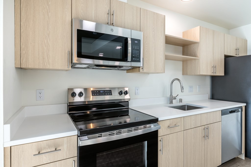 A modern kitchen with a stove, oven, microwave, and dishwasher.
