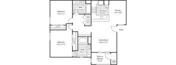 A floor plan of a house with a living room, two bedrooms, a patio, a kitchen, a dining room, and a bathroom.