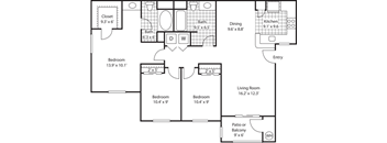 A floor plan of a house with a living room, two bedrooms, a kitchen, a dining room, a bathroom, and a closet.