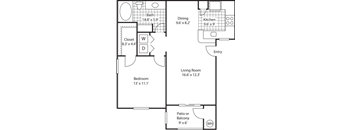 A floor plan of a home with a living room, dining room, kitchen, bathroom, bedroom, closet, and patio or balcony.