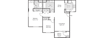 A floor plan of a house with a living room, two bedrooms, a dining room, kitchen, and bathrooms.