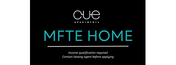 A black and white image of a sign for Cue Apartments with the words MFTE HOME on it.