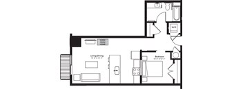 a blueprint of a floor plan with a bedroom and a living room