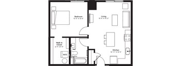 a floor plan of a studio apartment with a bedroom and a living room