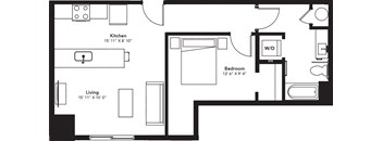 a blueprint of a floor plan with a bedroom and a living room