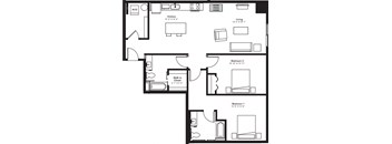 a floor plan of a home with a rectangular floor plan with bedrooms and a kitchen