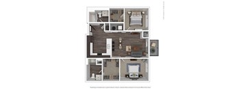 A floor plan of a two-bedroom apartment with a living room, kitchen, and bathroom.