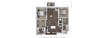 A floor plan of a room with a bed, a couch, a table, and a TV.