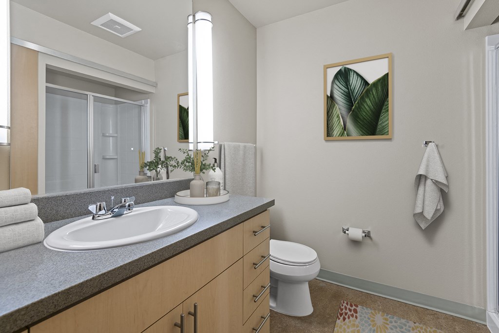 A bathroom with a toilet, sink, mirror, and a plant.