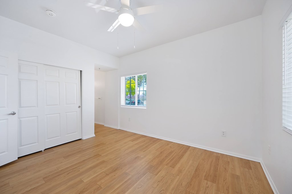 A room with a white door and a window with a view of trees.