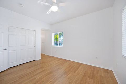 A room with a white door and a window with a view of trees.