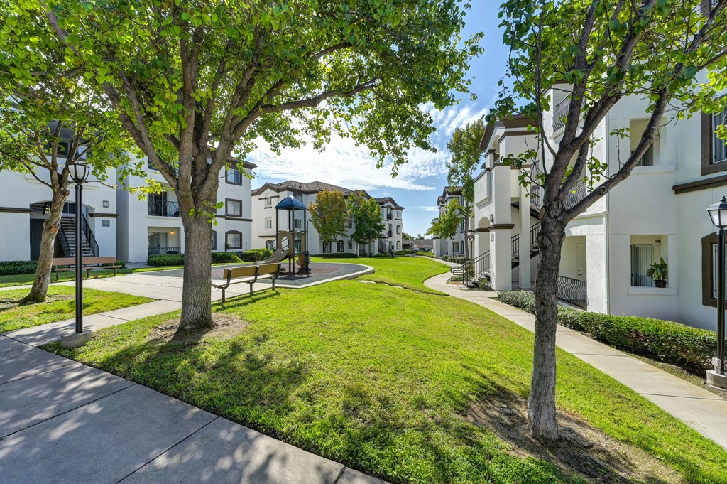A tree-lined walkway in a residential area.