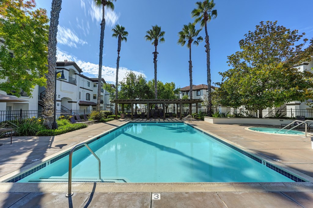 A swimming pool surrounded by palm trees and a white building.