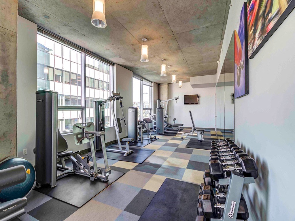 a gym with cardio machines and weights in a building with large windows