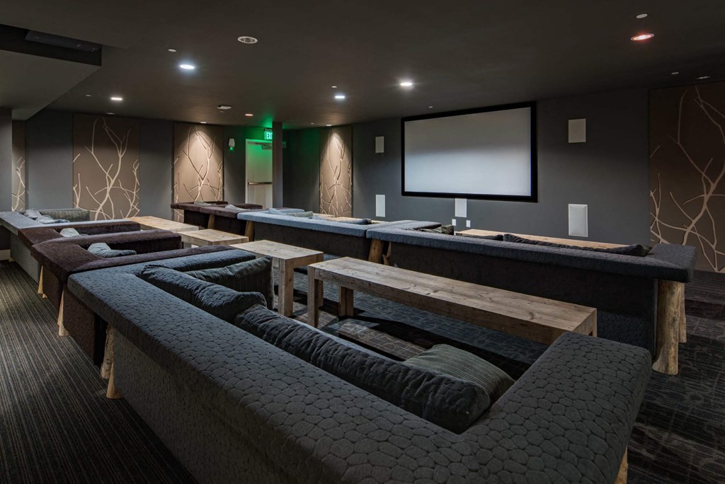 a large screening room with rows of seats and a screen