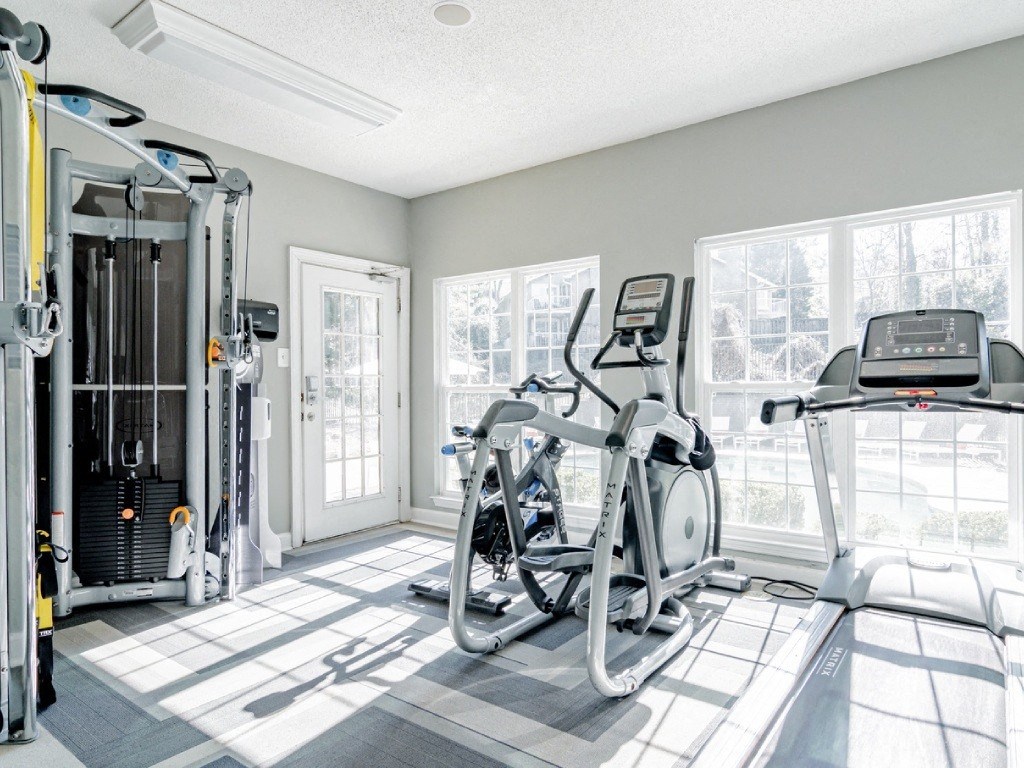 a gym with cardio equipment and windows in a home gym