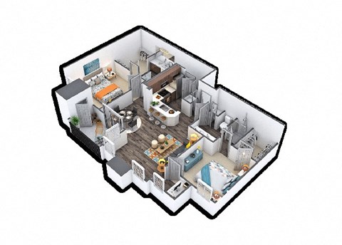 3d floor plan of a house with a bedroom and a living room