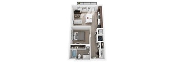 A floor plan of a small apartment with a kitchen, living room, and bathroom.