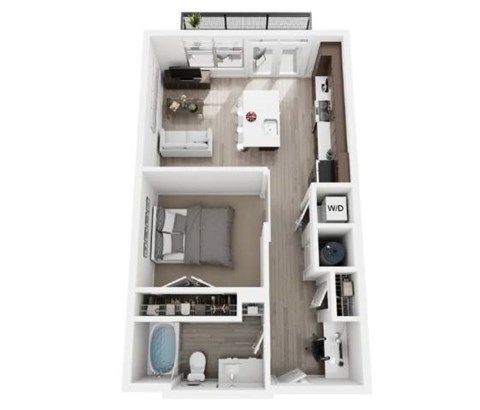 A floor plan of a small apartment with a kitchen, living room, and bathroom.