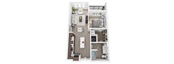 A white floor plan of a small apartment with a kitchen, living room, and bathroom.