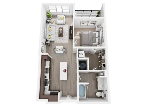 A white floor plan of a small apartment with a kitchen, living room, and bathroom.