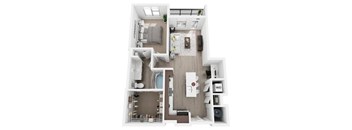 A top-down view of a small apartment with a kitchen, living room, and bathroom.